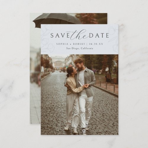 Blue  Simple Calligraphy Floral Wedding Photo Save The Date