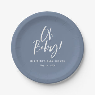 Blue Simple Calligraphy Gender Neutral Baby Shower Paper Plates