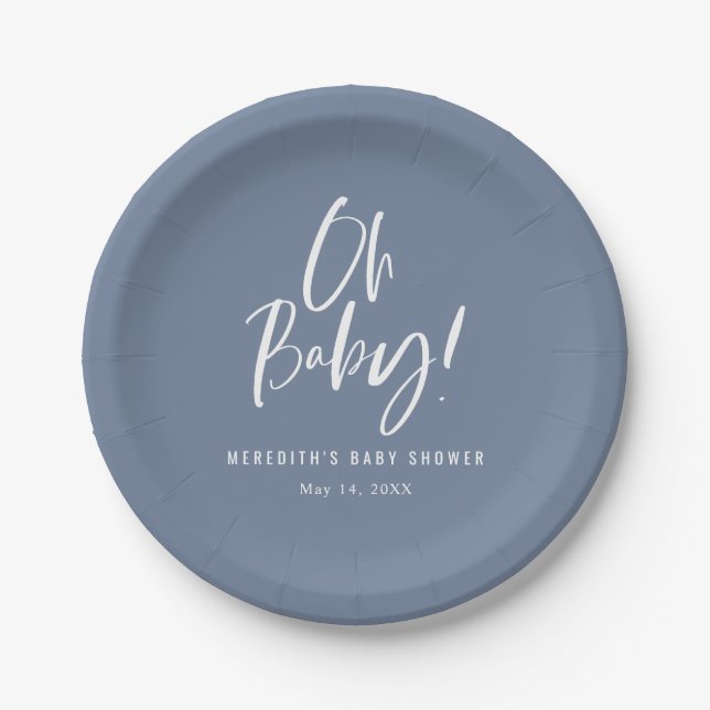 Blue Simple Calligraphy Gender Neutral Baby Shower Paper Plates (Front)