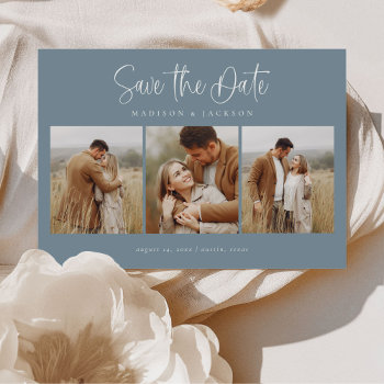 Blue Simple Calligraphy Script Four Photo Save The Date by JAmberDesign at Zazzle