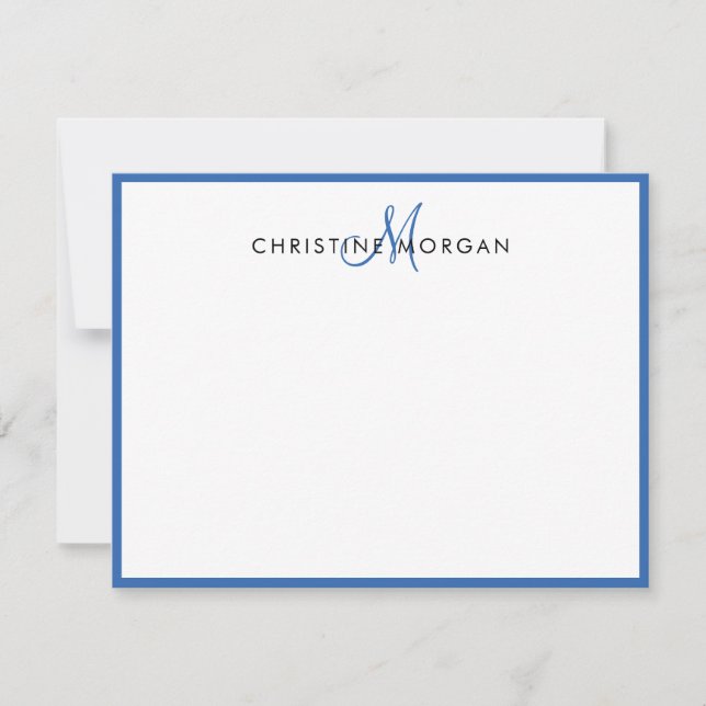 Blue simple chic minimalist monogram name  note card (Front)