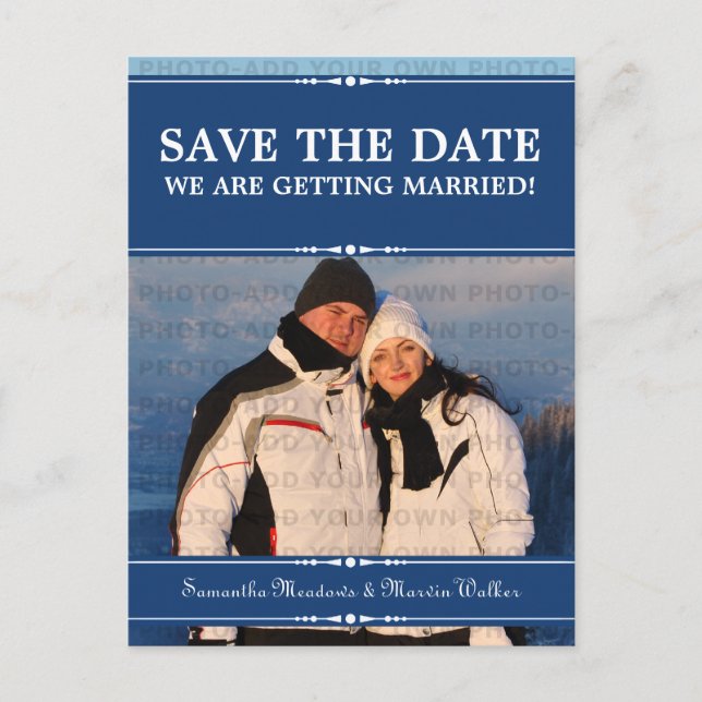 Blue Simple Chic Photo Save the Date Postcard (Front)