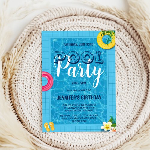 Blue Simple Cool Pool Party  Swimming Birthday In Invitation