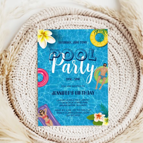 Blue Simple Cool Pool Party  Swimming Birthday In Invitation