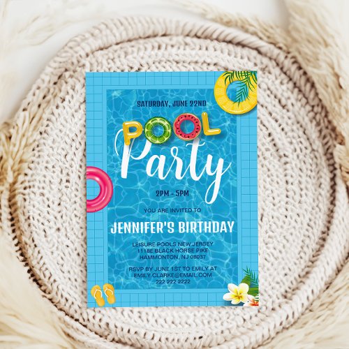 Blue Simple Cool Pool Party  Swimming Birthday Invitation