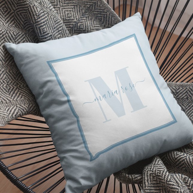 Blue Simple Custom Monogram Name Throw Pillow (Blue monogram throw pillow)