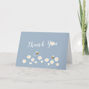 Blue Simple Daisy Floral Baby Shower Letterpress Thank You Card