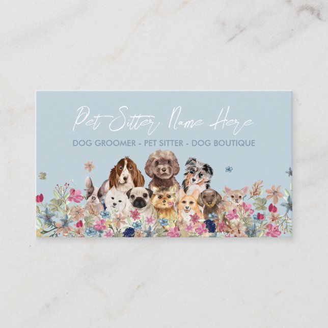 Blue Simple Dog Breed Puppy Grooming Petsitter Business Card (Front)