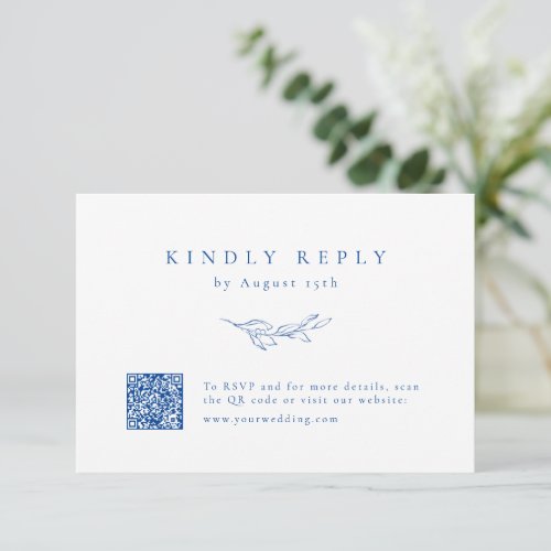 Blue simple elegance botanical QR code wedding RSVP Card