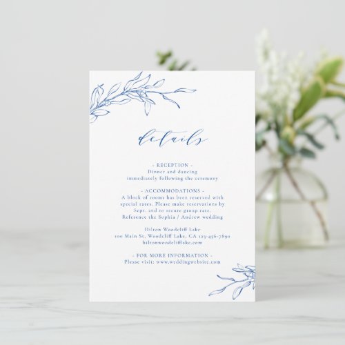 Blue simple elegance botanical wedding details enclosure card