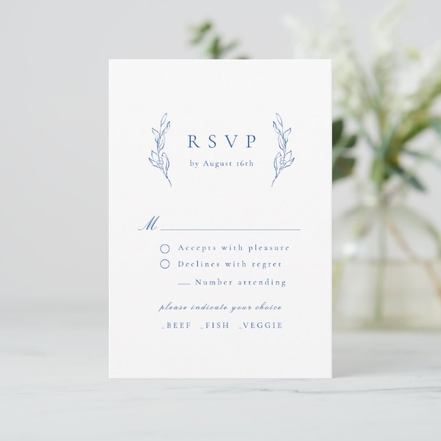 Blue simple elegance botanical wedding RSVP card (Standing Front)