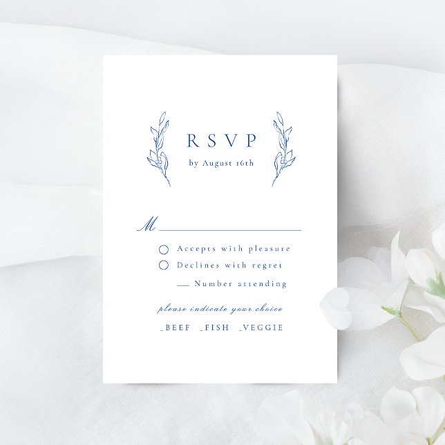 Blue simple elegance botanical wedding RSVP card (Blue simple elegance botanical wedding RSVP card)