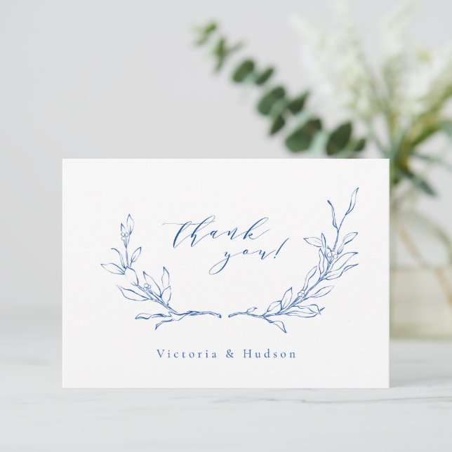 Blue simple elegance botanical wreath wedding thank you card (Standing Front)