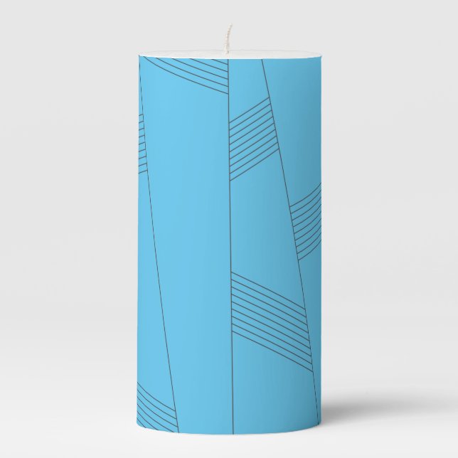 Blue, simple, elegant, abstract line pattern pillar candle (Front)