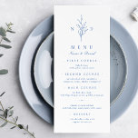 Blue simple elegant botanical monogram wedding menu<br><div class="desc">Monogrammed initials and elegant hand illustrated botanical leaves,  menu details in elegant script and classic font,  simple and luxury.  Great faux blue and white menu for modern classic wedding,  simple formal wedding,  elegant botanical garden wedding. 
See all the matching pieces in the collection.</div>
