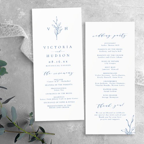 Blue simple elegant botanical monogram wedding program