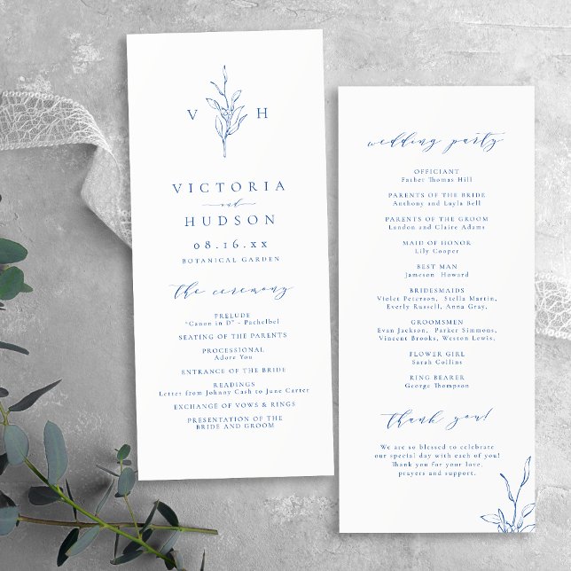 Blue simple elegant botanical monogram wedding program (Blue simple elegant botanical monogram wedding program)