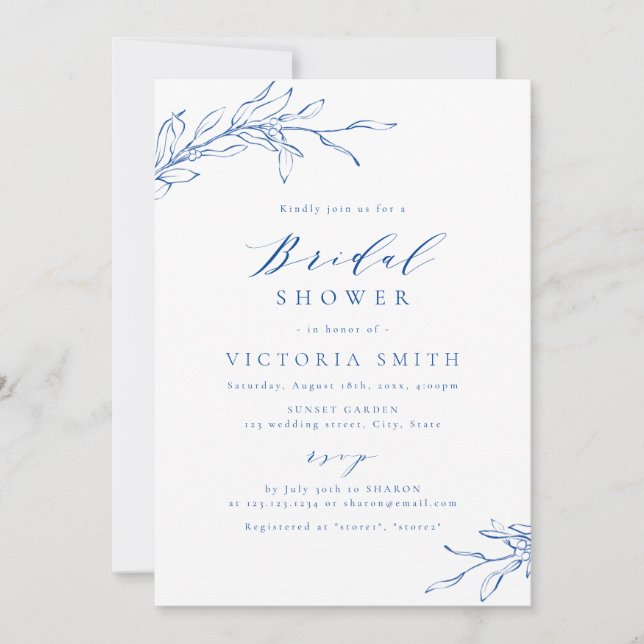Blue simple elegant botanical rustic bridal shower invitation (Front)