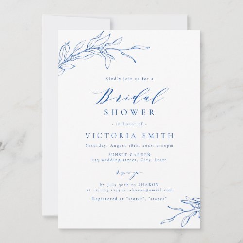 Blue simple elegant botanical rustic bridal shower invitation