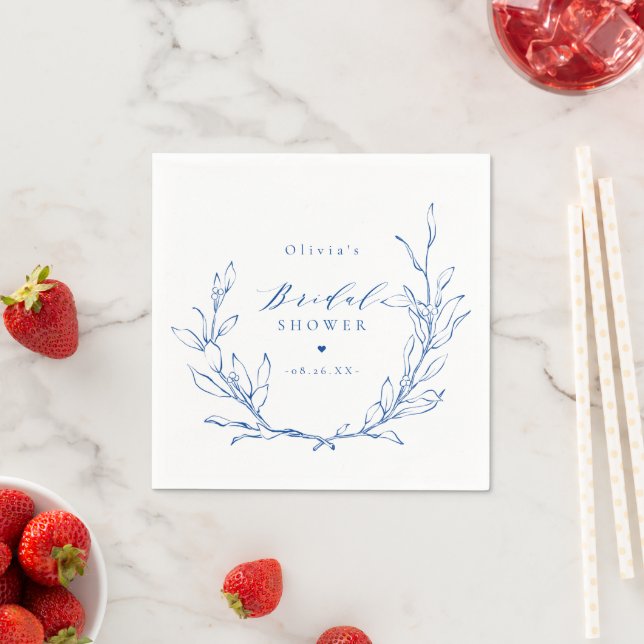 Blue simple elegant botanical wreath bridal shower napkins (Insitu)