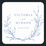 Blue simple elegant botanical wreath wedding square sticker<br><div class="desc">Rustic hand illustrated botanical leaves wreath in blue and white,  simple and elegant,  great wedding favor stickers for summer boho rustic wedding,  spring botanical garden wedding. 
See all the matching pieces in collection</div>