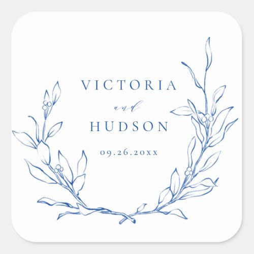 Blue simple elegant botanical wreath wedding square sticker