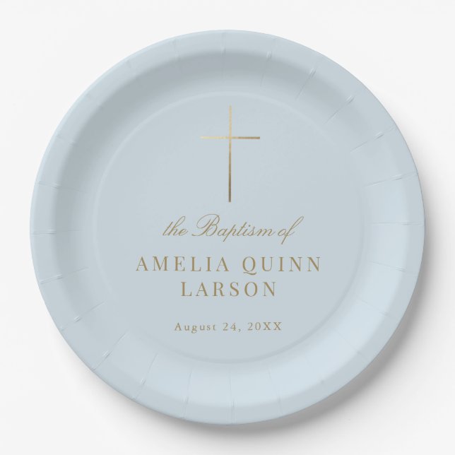 Blue Simple Elegant Gold Cross Baptism Christening Paper Plates (Front)