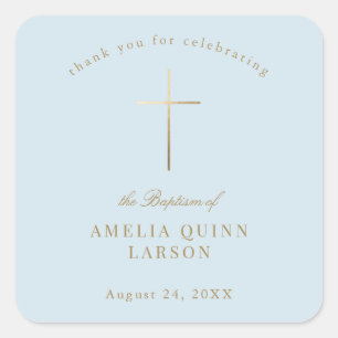 Blue Simple Elegant Gold Cross Baptism Christening Square Sticker