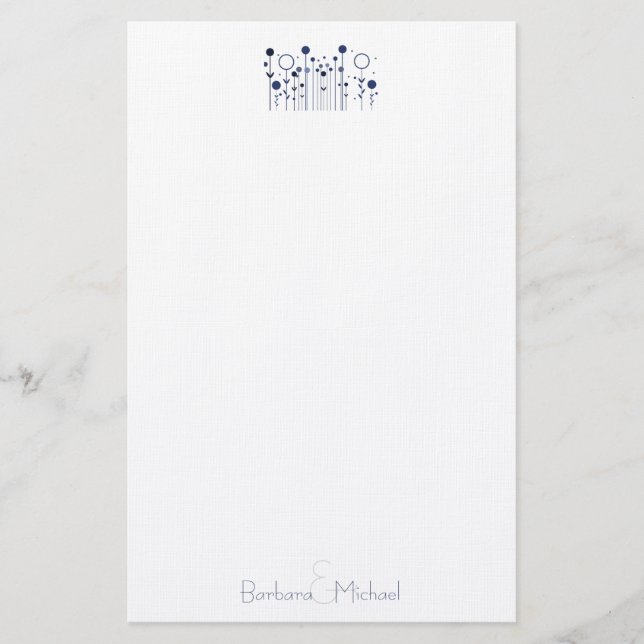 Blue Simple Floral Dot Personalized Stationery (Front)