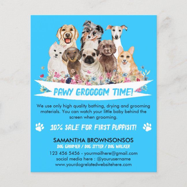 Blue Simple Floral Illustrated Dog groomer Flyer