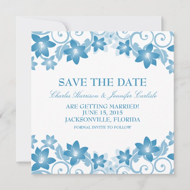 Blue Simple Floral Save the Date Invite (Front)