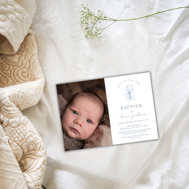 Blue Simple Flower Cross Boy Photo Baptism  Invitation (Blue Simple Flower Cross Boy Photo Baptism Invitation)