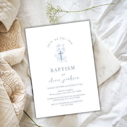 Blue Simple Flower Cross Christening Boy Baptism  Invitation