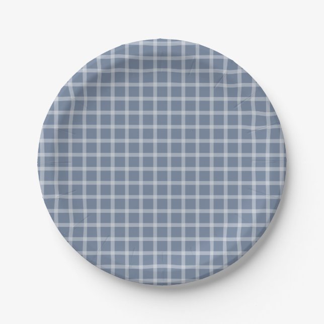 Blue Simple Gingham Gender Neutral Baby Shower Paper Plates (Front)
