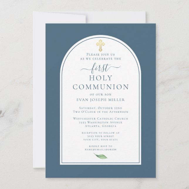 Blue Simple Gold Cross First Holy Communion Invitation (Front)