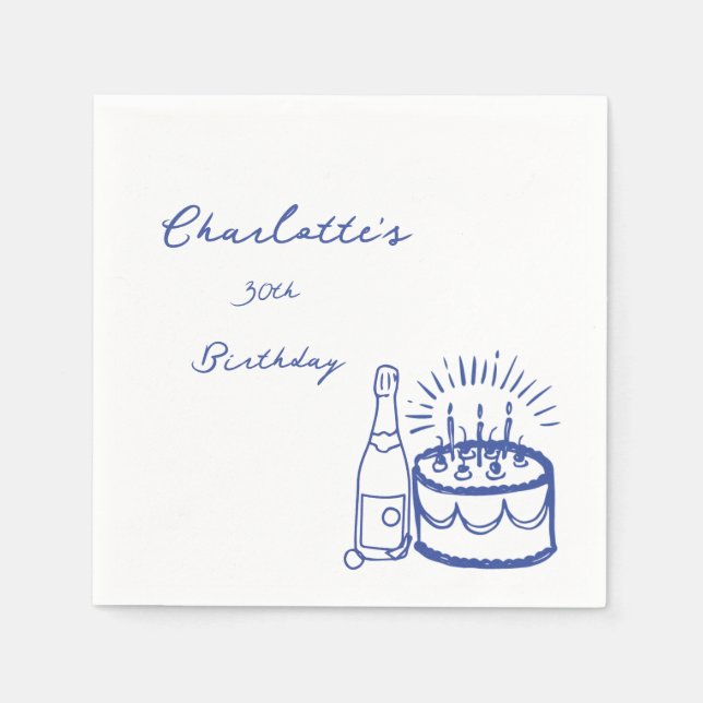 BLUE simple Hand Drawn 30th Birthday  Napkins (Front)