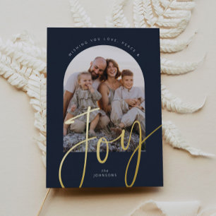 Blue Simple Joy Modern Script Arch Photo Christmas Foil Holiday Card