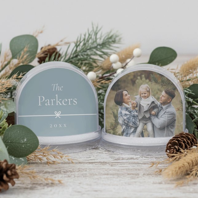 Blue | Simple Minimal Bow Family Name & Photo Snow Globe (Creator Uploaded)