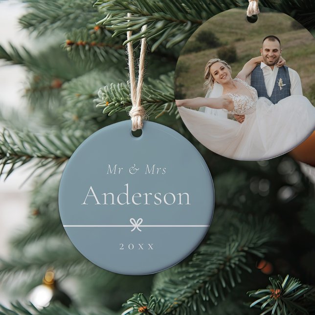Blue | Simple Minimal Bow Wedding Photo Ceramic Ornament (Creator Uploaded)