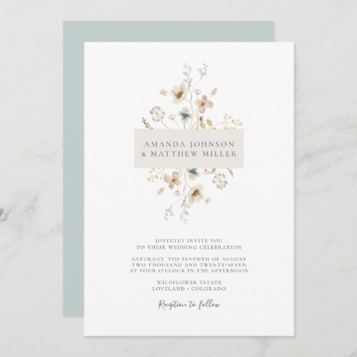 Blue Simple Minimal Elegant Pressed Floral Wedding Invitation