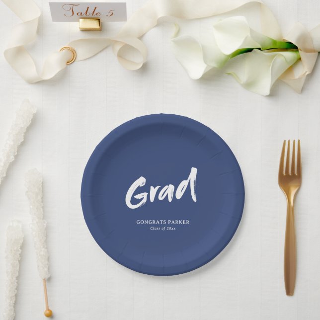 Blue Simple Modern Brush Script Graduation Party Paper Plates (Wedding)
