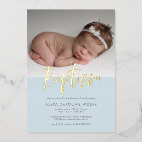 Blue Simple Modern Calligraphy Baptism Photo  Foil Invitation