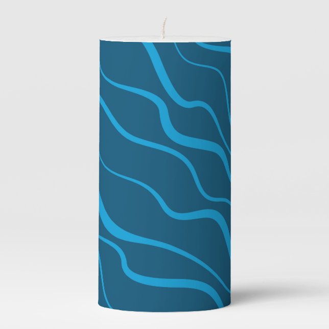 Blue, simple, modern, cool wave abstraction pillar candle (Front)