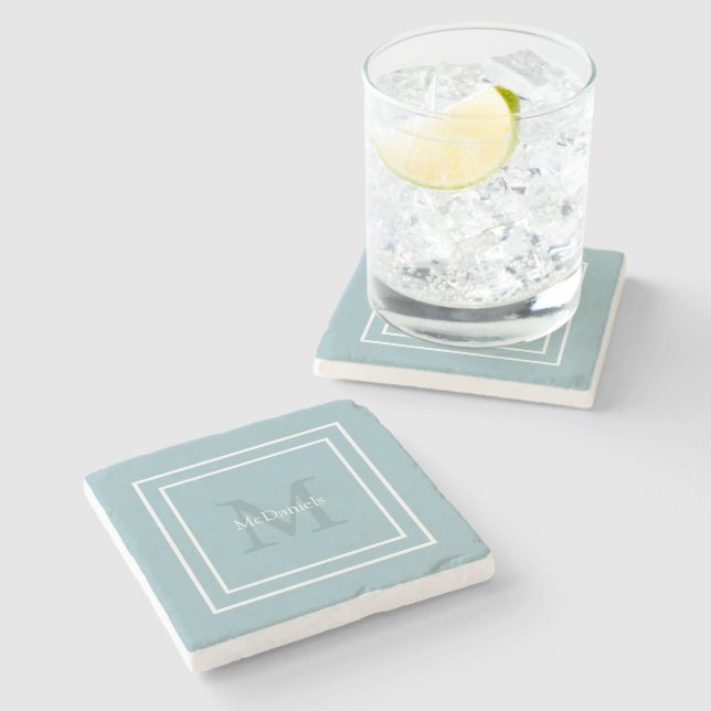 Blue  simple modern monogram stone coaster (Side)