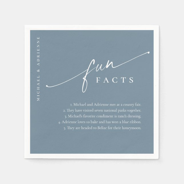 Blue Simple Modern Script Fun Facts Wedding Napkins (Front)