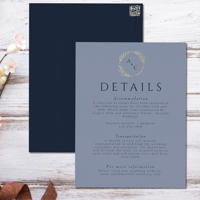 Blue Simple Monogram Leaves Wedding Enclosure Gold Foil Invitation Postcard (Creator Uploaded)