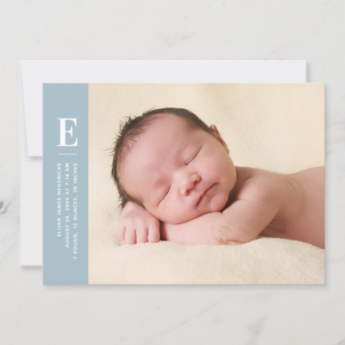 Blue Simple Monogram New Baby Photo Birth Announcement