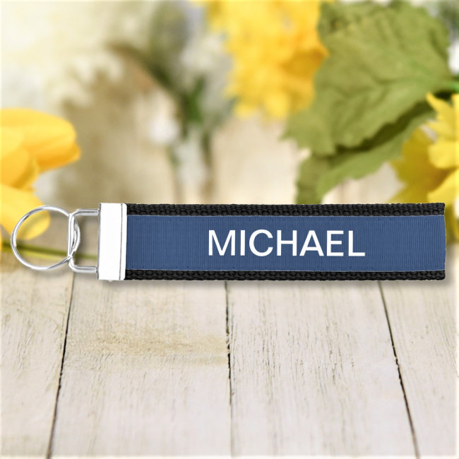 Blue Simple Personalized Custom Text Wrist Keychain