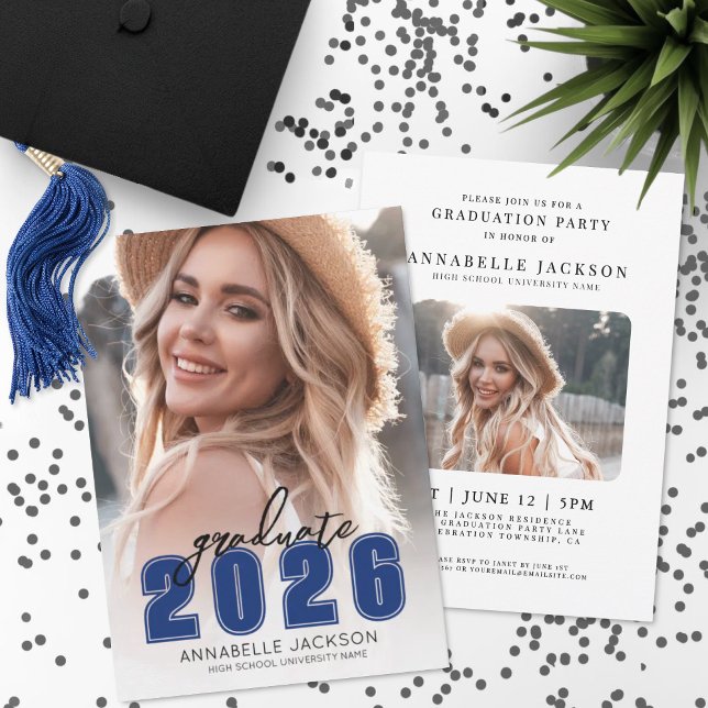 Blue Simple Photo Graduation Invitation (Simple Graduate Blue Photo Graduation Invitation)