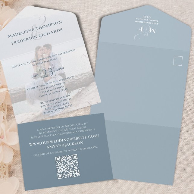 Blue Simple Photo Template Wedding QR Code  (Blue wedding all in one style invitation.)
